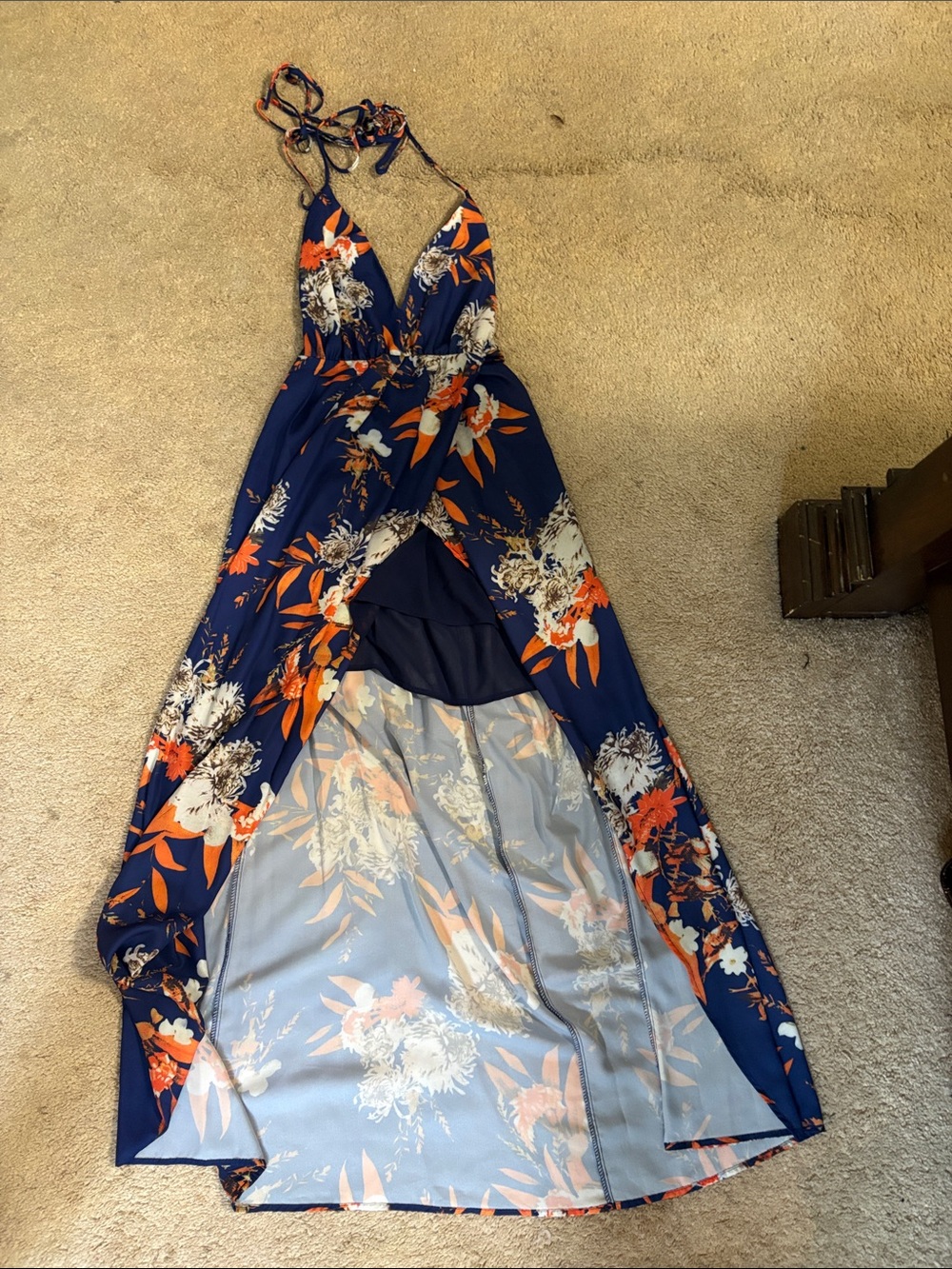 Navy Floral Halter Maxi Dress with Orange Accents